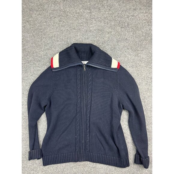 Tommy Hilfiger Jeans Sweater Women's Large Blue White Red Cable Knit Full Zip - Picture 1 of 7